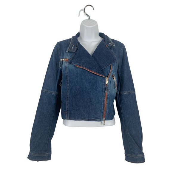 Unknown Jackets & Blazers - Cropped Moto Denim Jacket With Asymmetrical Zipper For Women Size 6 Small